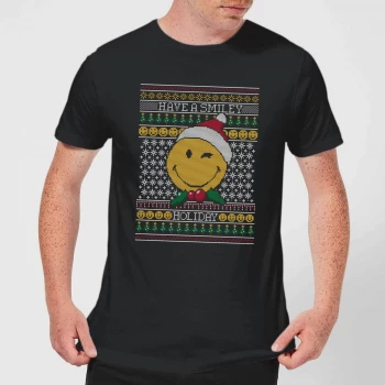 Image of Smiley World Have A Smiley Holiday Mens Christmas T-Shirt - Black - 5XL