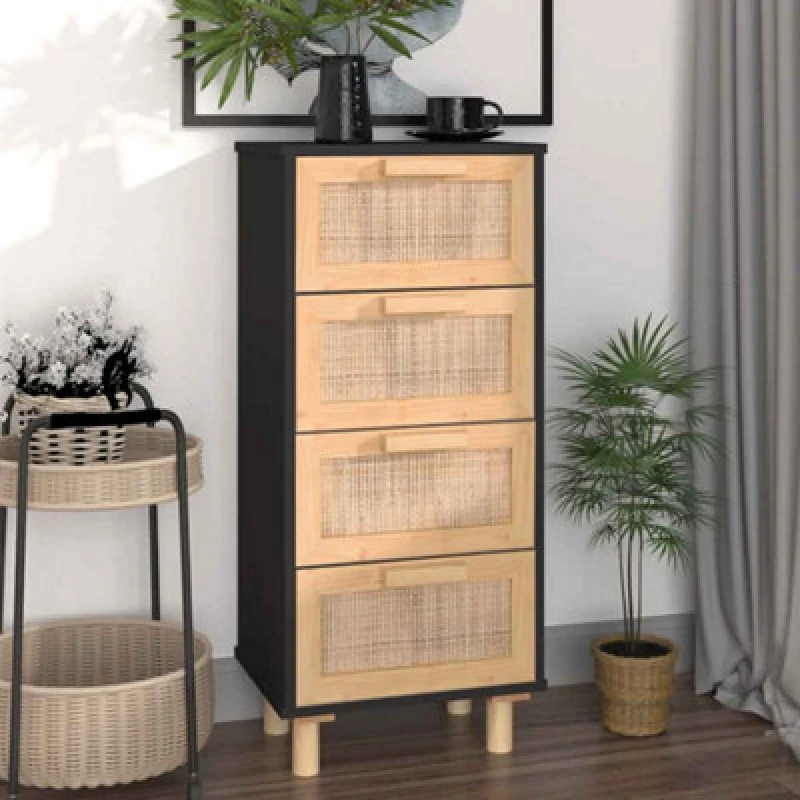Image of vidaXL Sideboard Black 40x30x90cm Solid Wood Pine and Natural Rattan, Black 345643