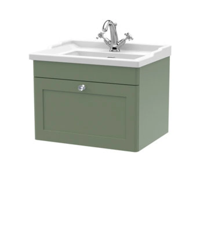 Image of Classique Wall Mounted 1 Drawer Vanity Unit with Ceramic Basin Satin Green