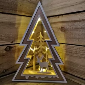 image of Christmas Wooden LED Tree with Forest Stag Scene - Snowtime