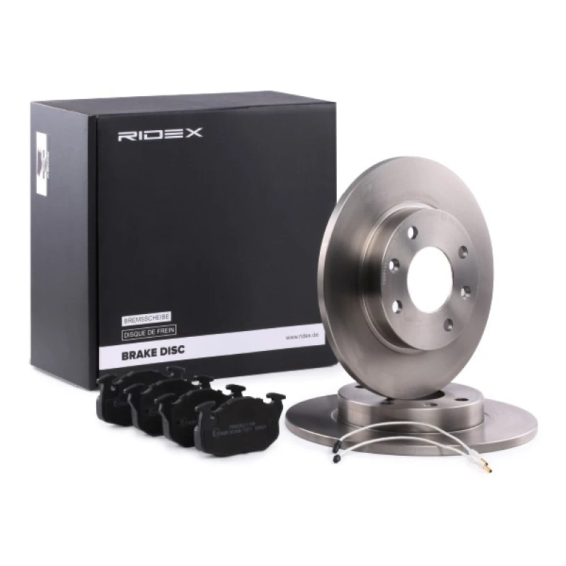 Image of RIDEX 3405B0051 Brake disc and pads set Front Axle, Brake Disc Type: Solid, incl. wear warning contact Brake Set,disc brakes (3405)