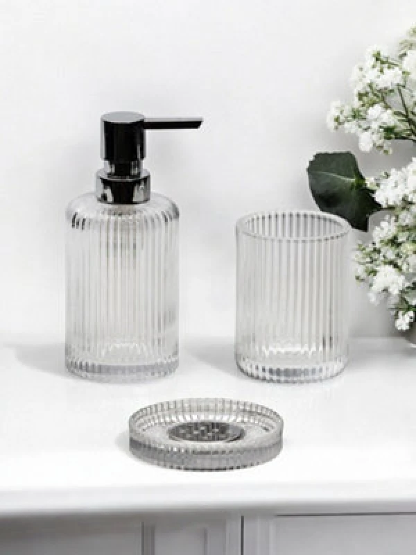 Image of Showerdrape Regent Ribbed Glass Chrome Collection 3 Piece Bathroom Accessory Set Clear