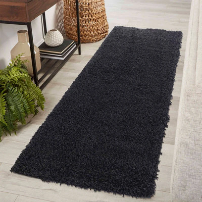 Image of Desire Rugs Plain Living Room Shaggy Area Rugs Black Runner 60X220 Cm