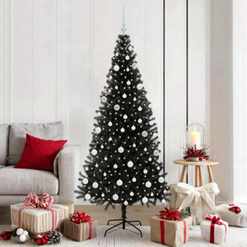 Image of vidaXL Christmas Tree with 300 LEDs, White Balls with Stand Black 180cm PVC, Black 3396481