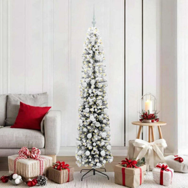 Image of vidaXL Artificial Christmas Tree with 300 LEDs, White Balls with Stand Snow Flocked Green 180 x 48 cm, Green 3395021