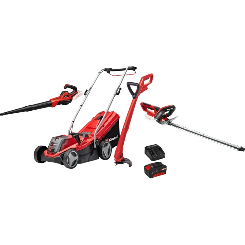 Image of Einhell GE-CM 18v Cordless Rotary Lawnmower, Blower, Grass and Hedge Trimmer Kit 1 x 4ah Li-ion Battery Charger GE-CMKIT3