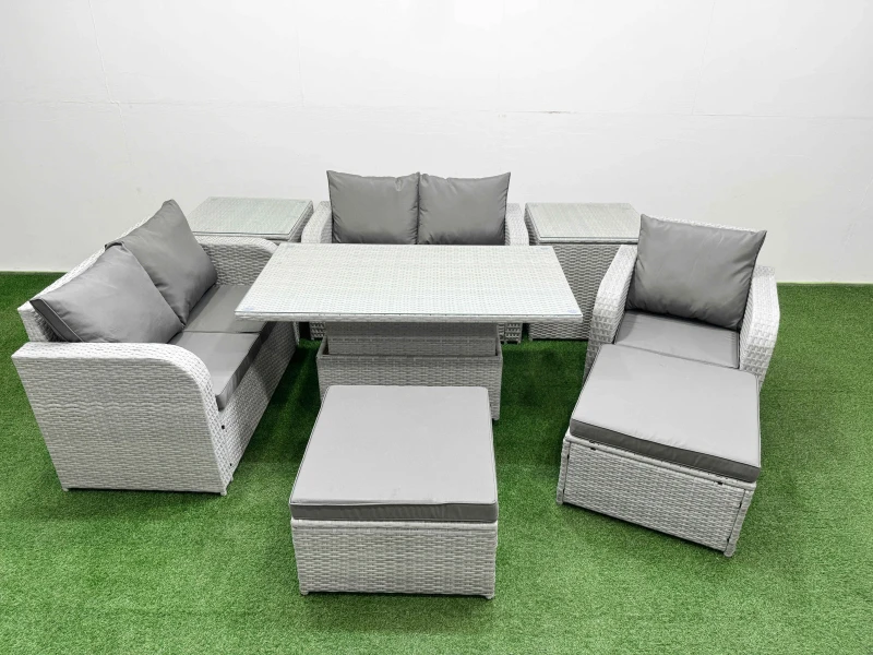 Image of Fimous High Back Poly Rattan Garden Furniture Set with Adjustable Lifting Dining or Coffee Table Indoor Outdoor Patio Set 2 Big Stool 2 Side Table