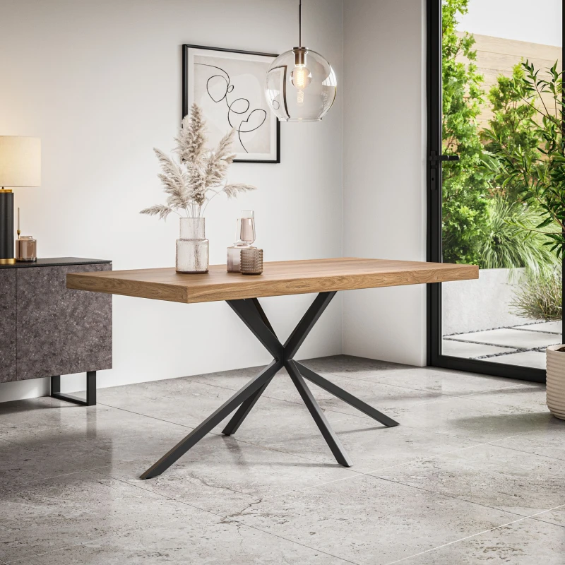 Image of More4Homes Donni 4-6 Seater Dining Table Modern Oak Effect Table Top W Black Legs