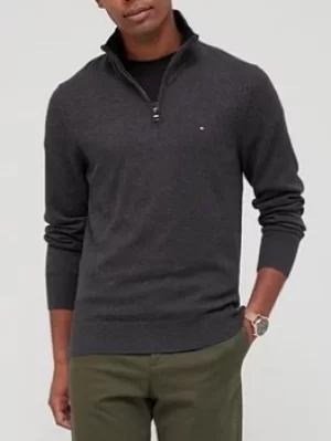 Image of Tommy Hilfiger Pima Cotton Cashmere Quarter Zip Knitted Jumper, Dark Grey Heather, Size 2XL, Men