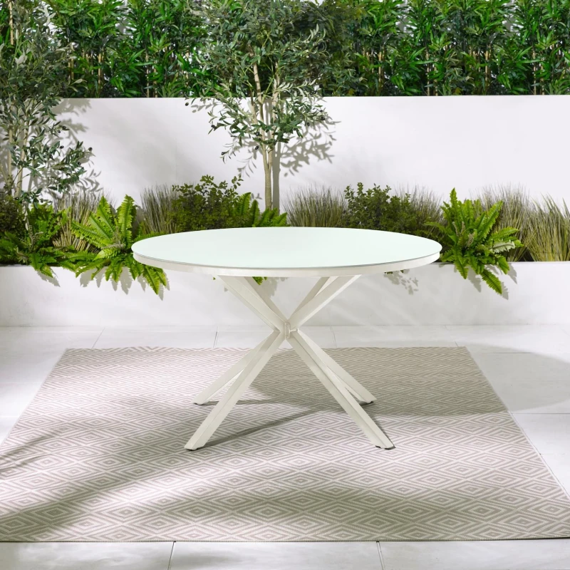 Image of FurnitureboxUK FurnitureboxUK Nanterre Metal & Glass Round Outdoor Dining Table in Cream Cream One Size Unisex 5056784305508