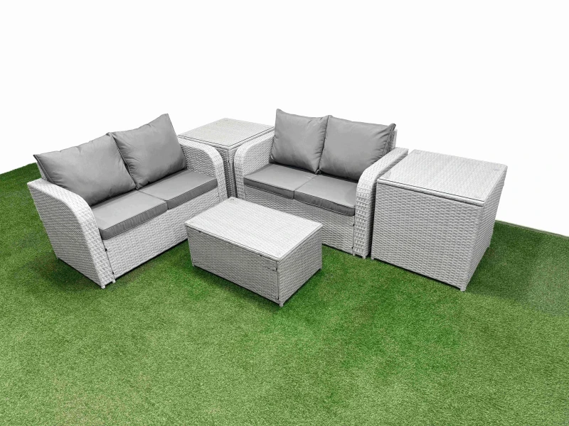 Image of Fimous 4 Seater Outdoor Love Sofa Set Rattan Garden Furniture Set with Rectangular Coffee Table 2 Side Tables Light Grey Light Grey