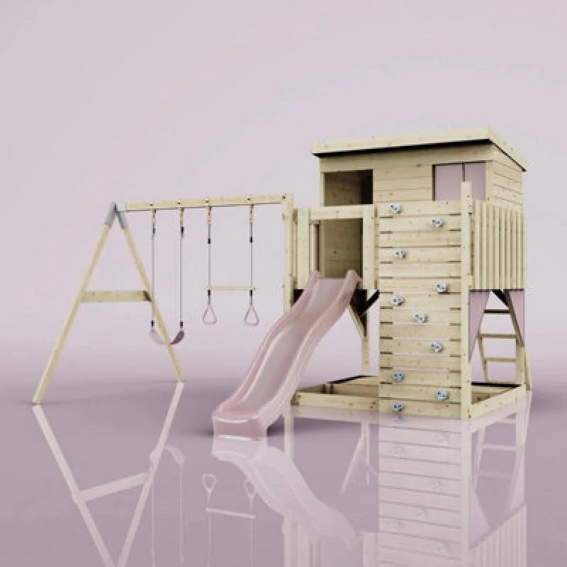 Image of Polarplay Garden Climbing Platform And Playhouse With Double Swing For Kids - Nils With Trapeze Dusky Pink