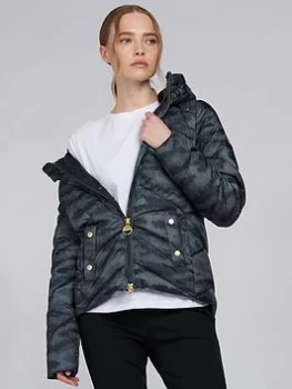 Image of Barbour International Motegi Faux Fur Lined Hood Quilted Jacket - Camo, Green, Size 12, Women