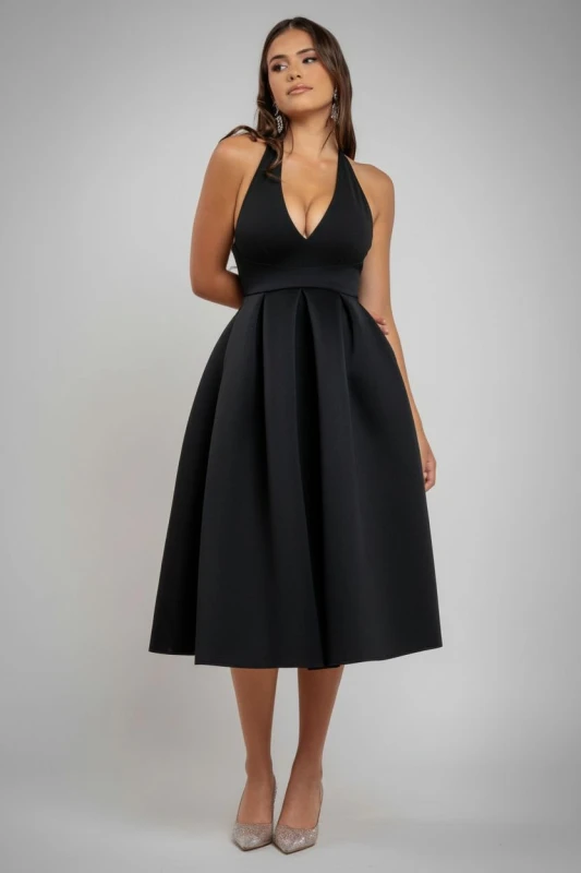 Image of Goddiva Womens Halter Neck Pleated A Line Midaxi Dress in Black Size: 8 Black Female 8