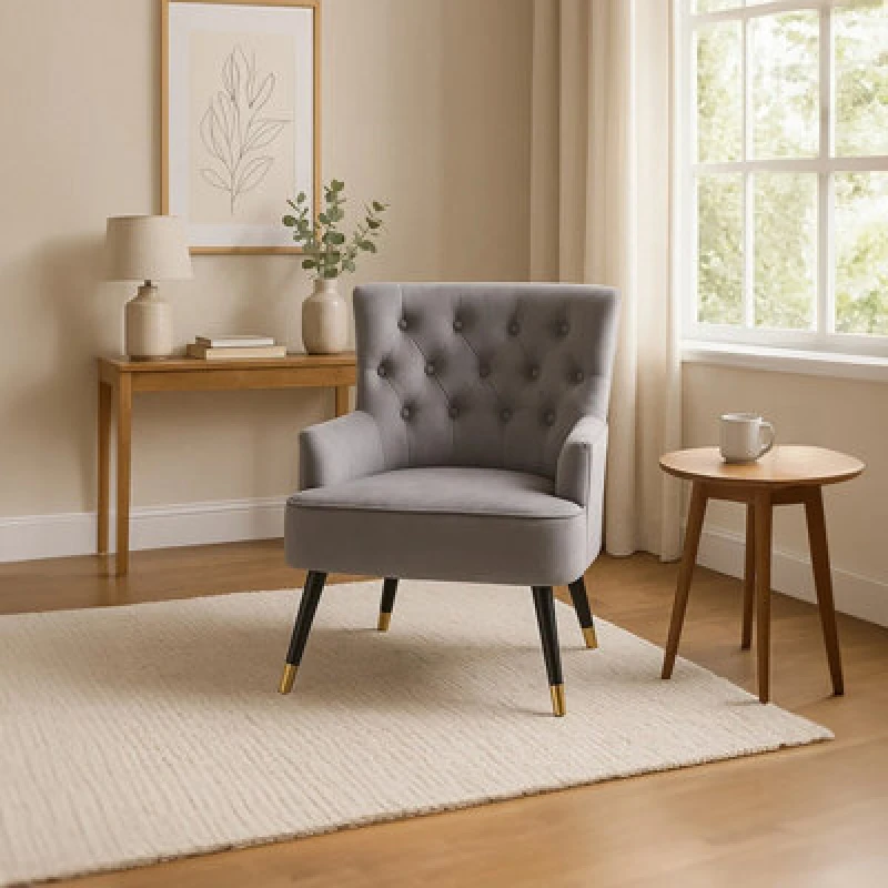 Image of Premier Housewares Grey Velvet Tufted Chair, High quality Velvet Dining Chair, HighBack Grey Accent Armchair Grey
