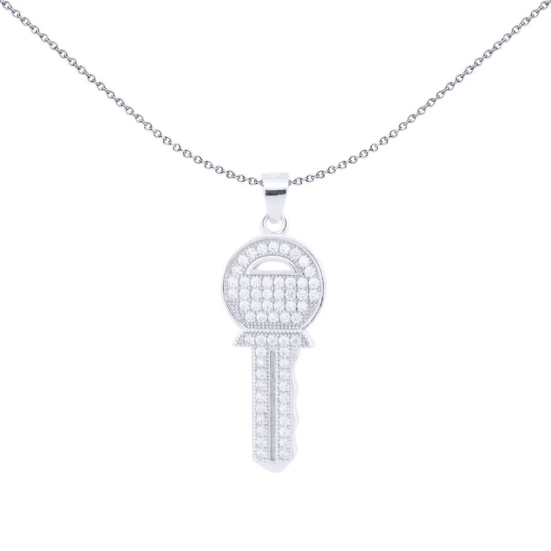 Image of Jewelco London Silver Round CZ Encrusted Yale Key to my Heart Charm Pendant - APD209 Silver