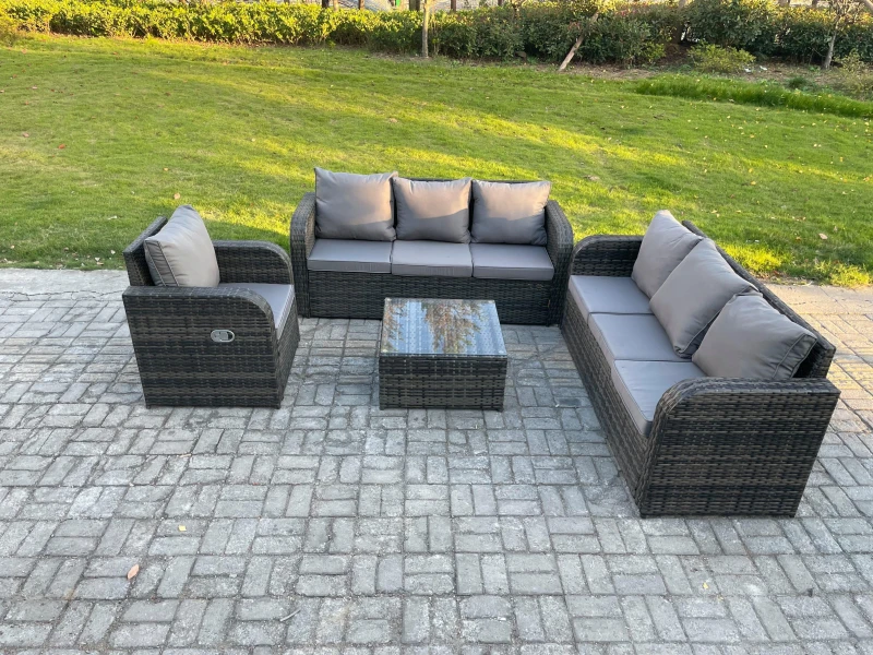 Image of Fimous Outdoor Rattan Garden Furniture Set Conservatory Patio Sofa Coffee Table With Reclining Chair Dark Grey Mixed Dark Grey