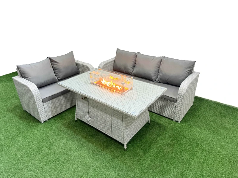 Image of Fimous 5 Seater PE Rattan Wicker Garden Furniture Patio Conservatory Sofa Set with Firepit Dining Table 3 Seater Sofa Love Sofa Light Grey