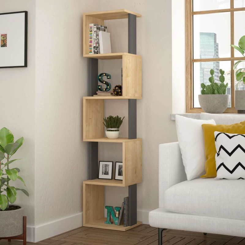 Image of DECORTIE Decortie - Piri Modern Bookcase Display Unit Tall 161cm - Oak / Anthracite Grey - Oak M.KT.02.16410.5