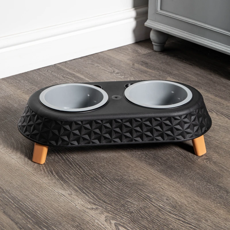 Image of 16cm x 9cm Black Plastic Raised Double Pet Bowl Feeding Station with Stand