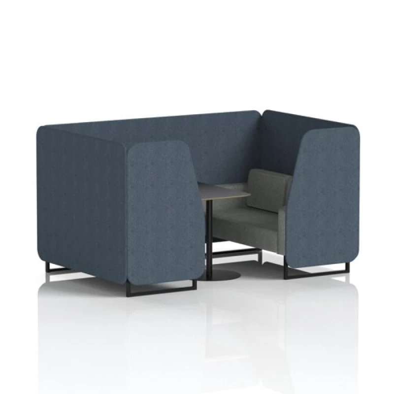 Image of Brixworth 4 Seater Office Booth with Front Panel - Black Legs and Black Table with Black Leg in Rivet Fabric - Crucible Panels and Prime Sofa