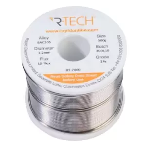 image of R-TECH 857000 SAC305 Solder 2% L0 Flux Halide-Free 1.2mm 500g Reel