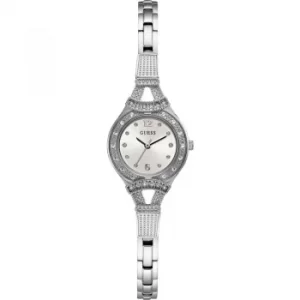 GUESS Ladies silver watch with crystals, white dial and silver bracelet.