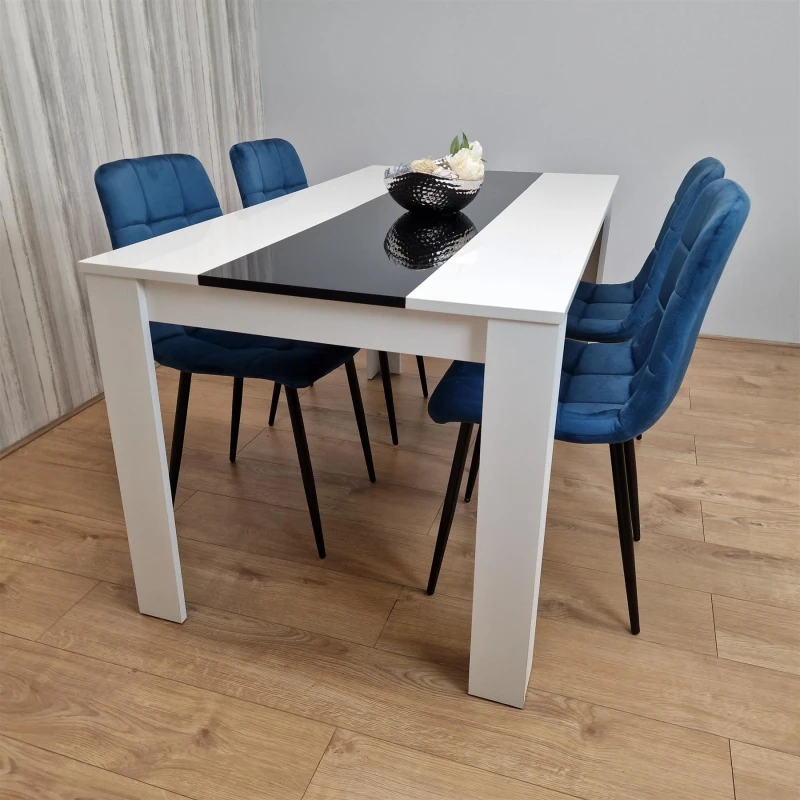 Image of KOSY KOALA Dining Table and 4 Chairs White Black Wood 4 Velvet Blue Chairs Dining Room Modern w/b 117 + 4 blue rocco