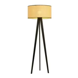 image of Emibig Aston Black Rattan Desing Tripod Floor Lamp with Brown Fabric Shades, 1x E27