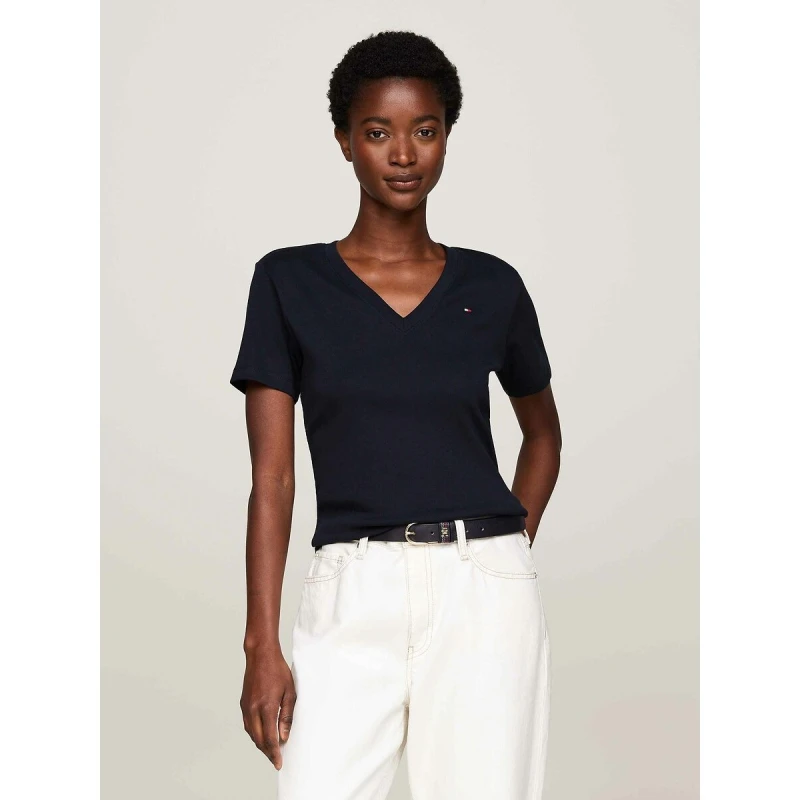 Image of Tommy Hilfiger Cotton V-Neck T-Shirt with Short Sleeves Navy Cotton XS