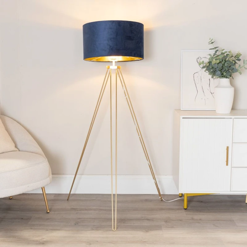 Image of ValueLights ValueLights Aero Hairpin Gold Tripod Floor Lamp with Velvet and Gold Drum Lamp Shade in Dark Navy Dark Navy One Size Unisex 5059406060892