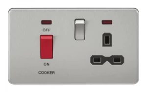 Image of KnightsBridge 2G 45A DP 230V Screwless Brushed Chrome Switch With Neon and Socket - Black Insert
