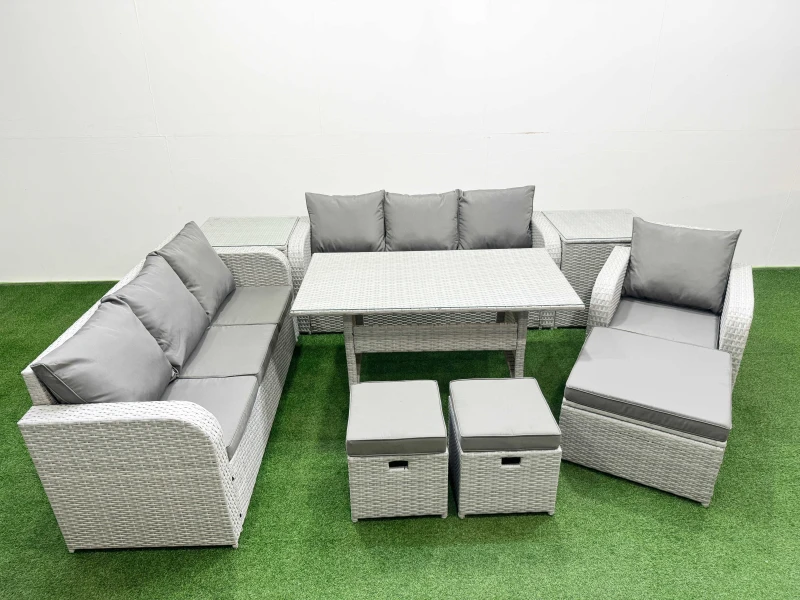 Image of Fimous 10 Seater Poly Rattan Outdoor Garden Furniture Rectangular Dining Table Sofa Set Patio 3 Seater Sofa Reclining Chair 3 Seater Sofa 3 Stools 2 S