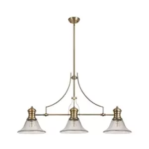Image of Luminosa Lighting - 3 Light Telescopic Ceiling Pendant E27 With 30cm Smooth Bell Glass Shade, Antique Brass, Clear