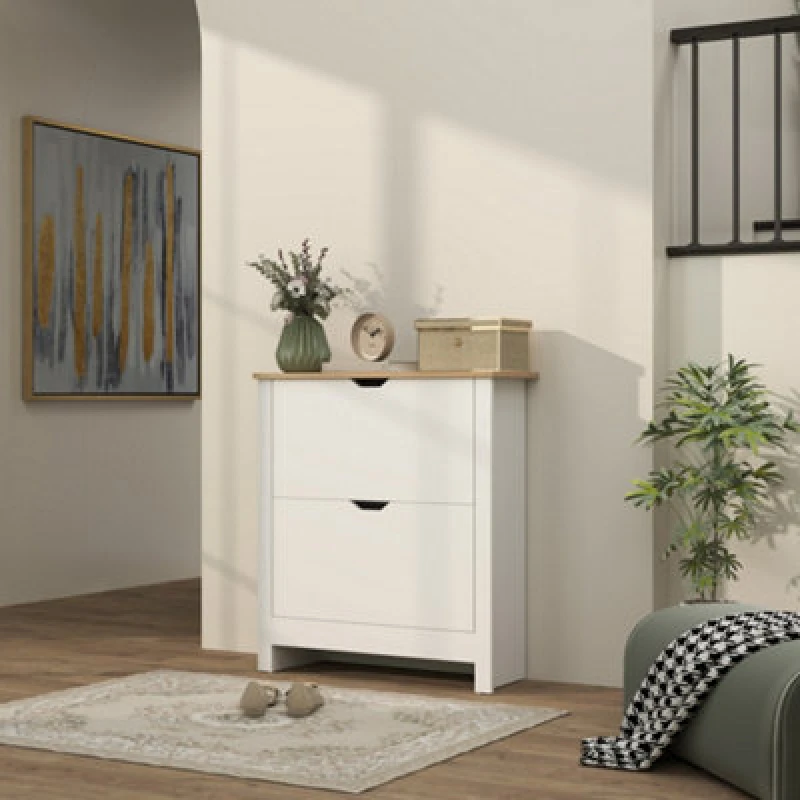 Image of HOMCOM 12-Shoe Storage Cabinet 4 Shelves 2 Drawers Tabletop High Gloss White White Unisex