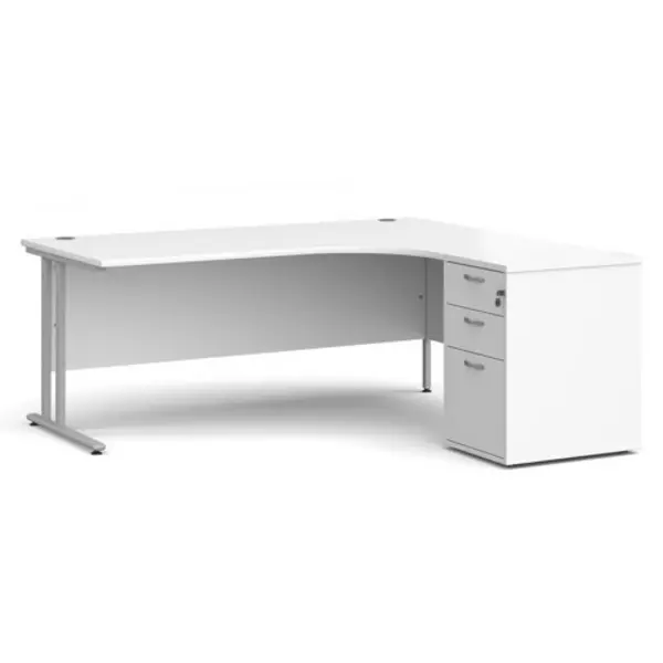 image of Office Desk Right Hand Corner Desk 1800mm With Pedestal White Top With Silver Frame Maestro 25