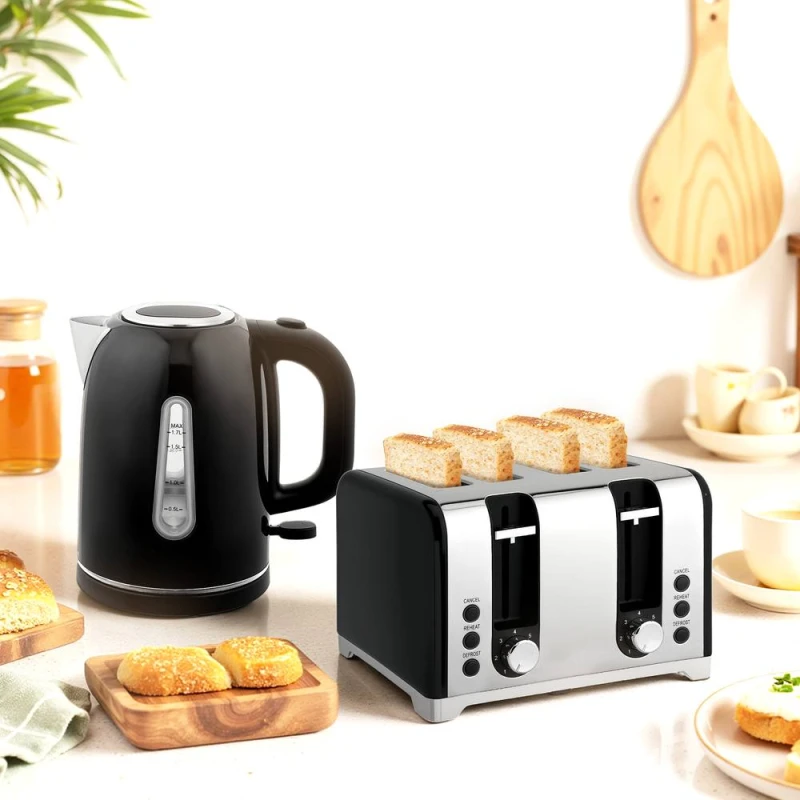 Image of HOMCOM HOMCOM 4 Slice Wide Slot Toaster and 1.7L Rapid Boil Kettle Set, Black Size: 2 Pack Black 2 Pack Unisex 5063603763647