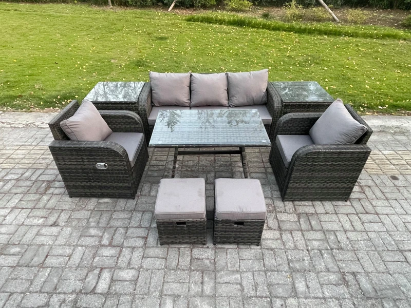 Image of Fimous Outdoor Garden Furniture Sets 8 Pieces Wicker Rattan Furniture Sofa Sets with Rectangular Dining Table 2 Small Footstools Dark Grey
