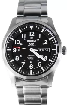 Image of Seiko 5 Sports Military Field Automatic Black Dial Steel Bracelet Strap Mens Watch SNZG13K1