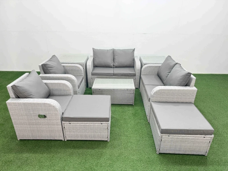 Image of Fimous 8 Seater Outdoor Reclining Chair Love Sofa Set Rattan Garden Furniture Set with Rectangular Coffee Table 2 Big FootStools 2 Side Table Light G