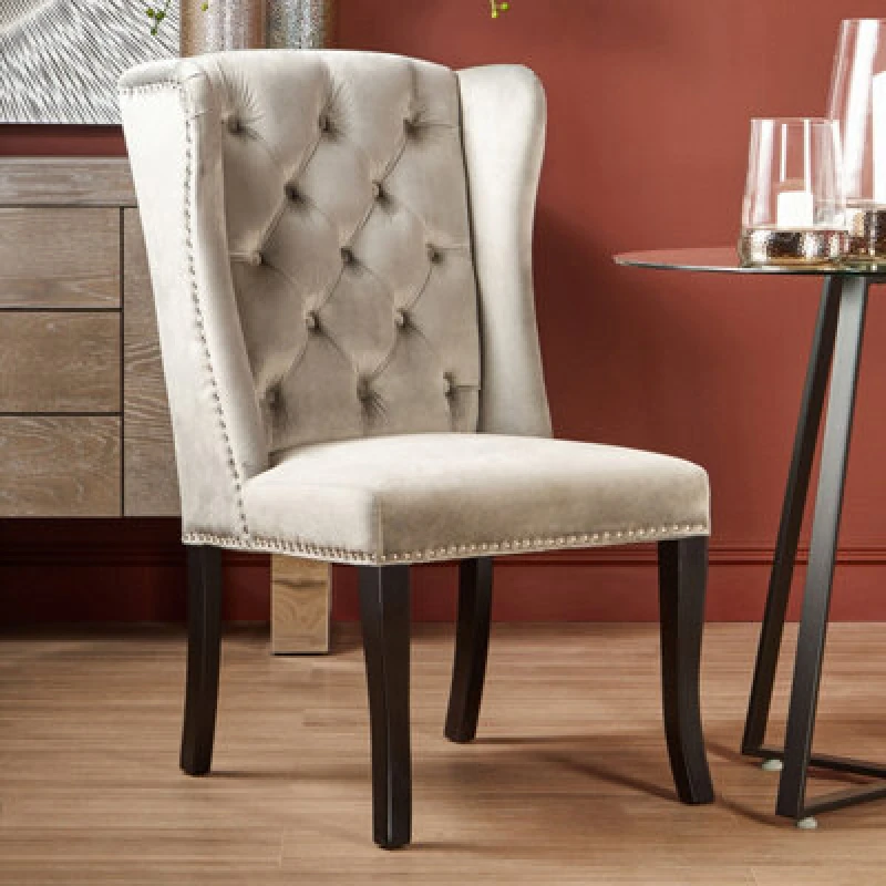 Image of Orsina Grey Velvet Dining Chair,winged Backed Lounge Chair With Button Tufting,kitchen Chair,luxurious Padded Seat