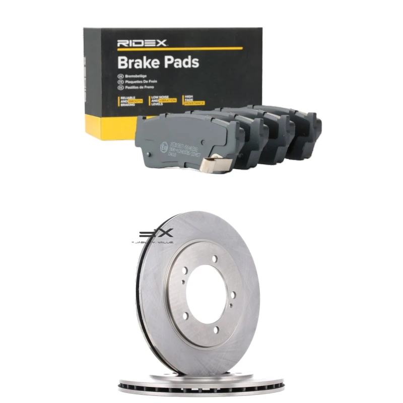Image of RIDEX 3405B2749 Brake disc and pads set Front Axle, Brake Disc Type: internally vented, with acoustic wear warning Brake Set,disc brakes (3405)