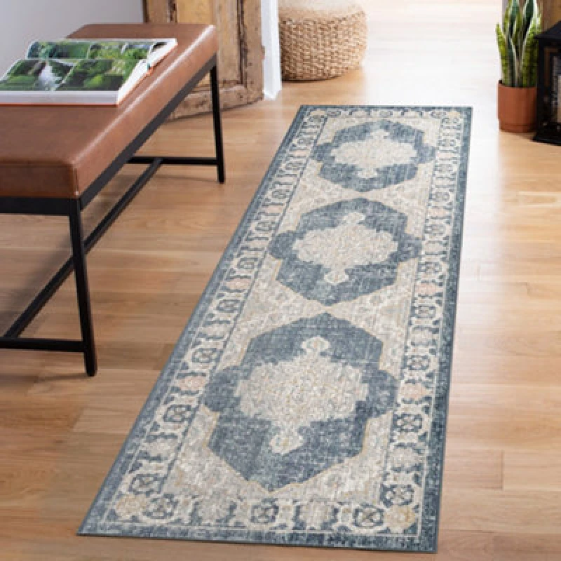 Image of Maia Washable Low Pile Non Slip Orchid Traditional Area Rug - Navy, 60 X 220 Cm (Runner)