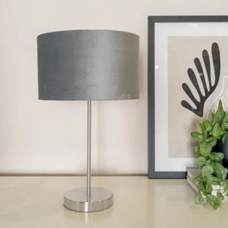 Image of ValueLights ValueLights Charlie Chrome Stem Table Lamp with Grey Velvet with Chrome Inner Shade & Bulb Grey One Size Unisex 5059406060632