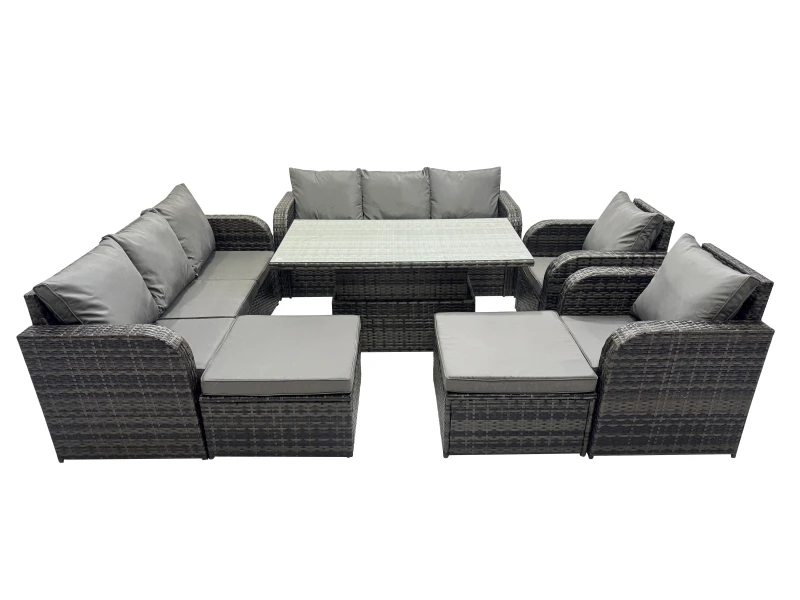 Image of Fimous Rattan Garden Furniture Dining Set 10-seater with 2 Big Footstool in Dark Grey Dark Grey Unisex