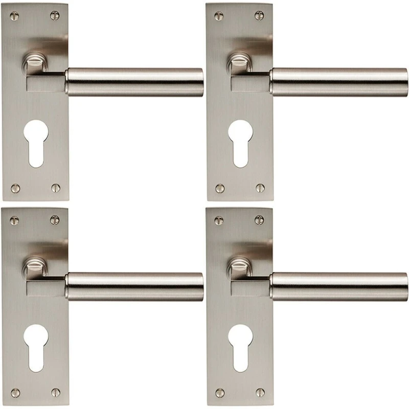 Image of Loops 4x PAIR Round Bar Handle on Slim Euro Lock Backplate 150 x 50mm Satin Nickel Metallics