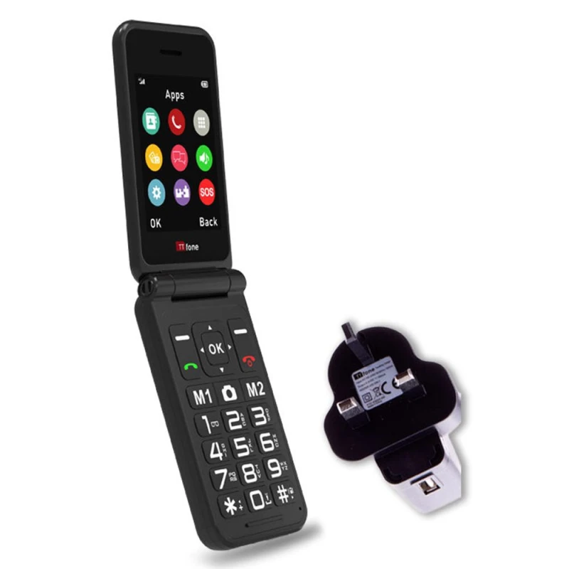 Image of TTfone TTfone Black TT760 Flip 4G Mobile + Mains Charger, GiffGaff Pay As You Go. Big Button Phone, Emergency Assistance Button