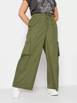 Image of Yours Washed Cargo Wide Leg Trousers Khaki, Green, Size 18, Women