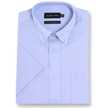 Image of Double Two Short Sleeved Non-Iron Button Down Oxford Shirt - Blue