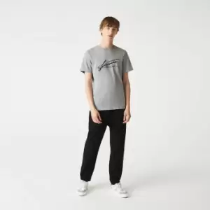 Image of Lacoste Mens Signature And Crocodile Print Crew Neck Cotton T-Shirt Size 3 - S Grey Chine